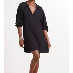 Nation Nala Black Peasant Dress Cotton Gauze XS Puff Sleeve Slub